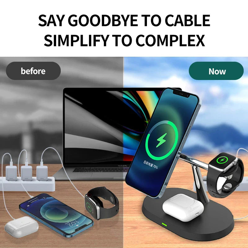 Wireless charging station for multiple devices.