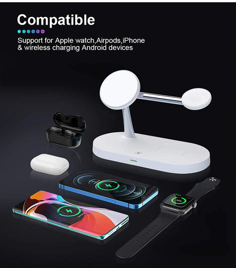 Wireless charging station for multiple devices.