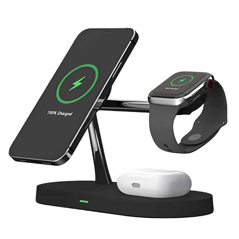 Wireless charging station for phone, watch, and earbuds.