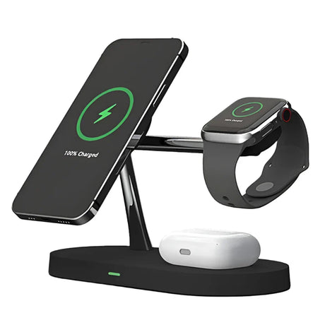 Wireless charging station for phone, watch, and earbuds.