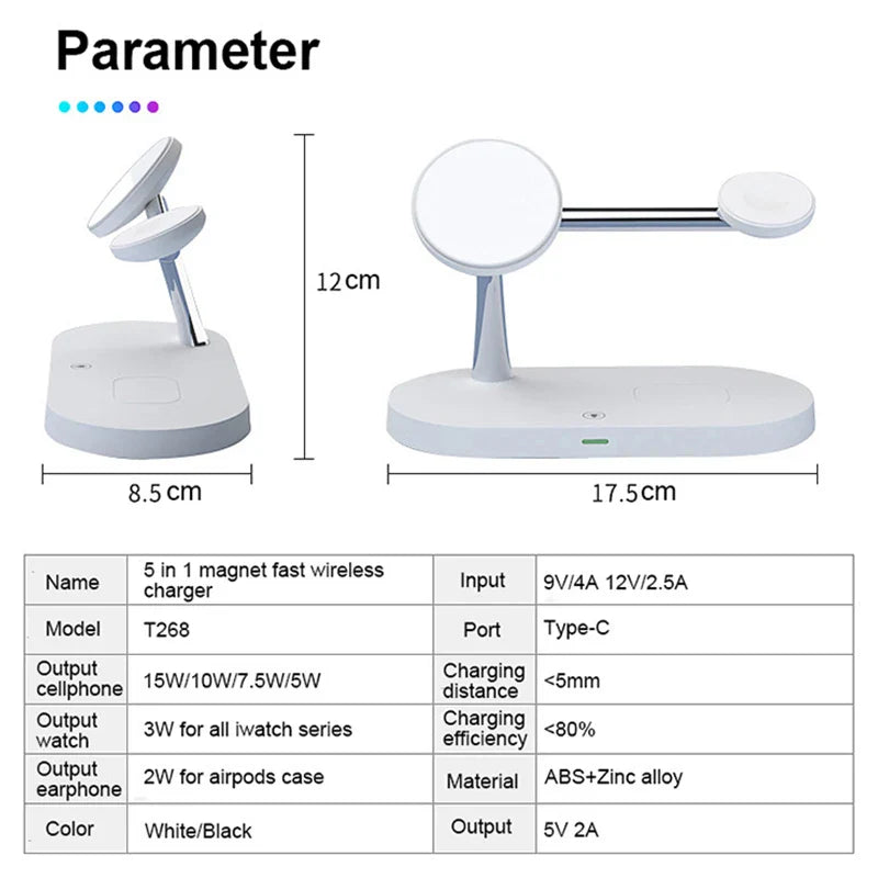 Wireless charging station with specifications.