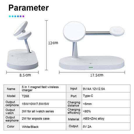 Wireless charging station with specifications.