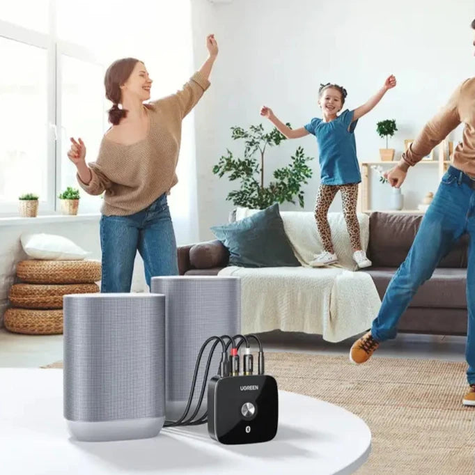 A woman and child playing with an amazon echo echo smart home speaker