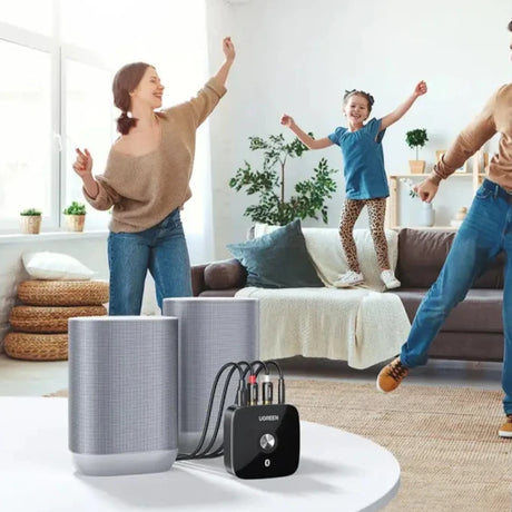 A woman and child playing with an amazon echo echo smart home speaker
