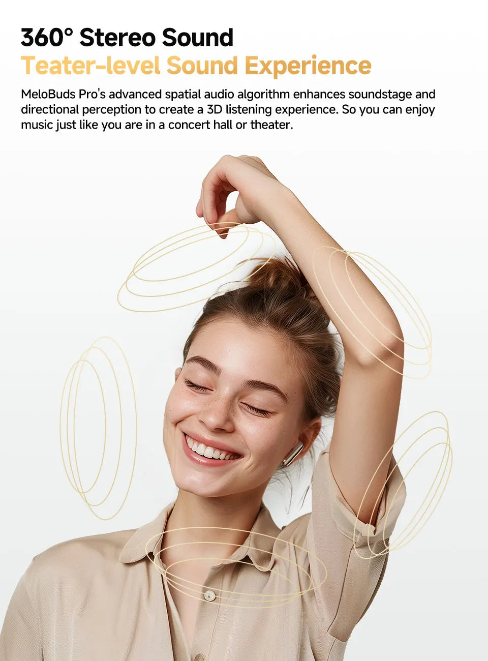 Smiling woman with earbuds.