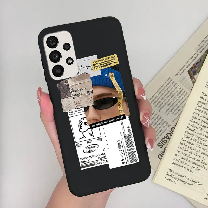someone holding a phone case with a picture of a woman wearing sunglasses