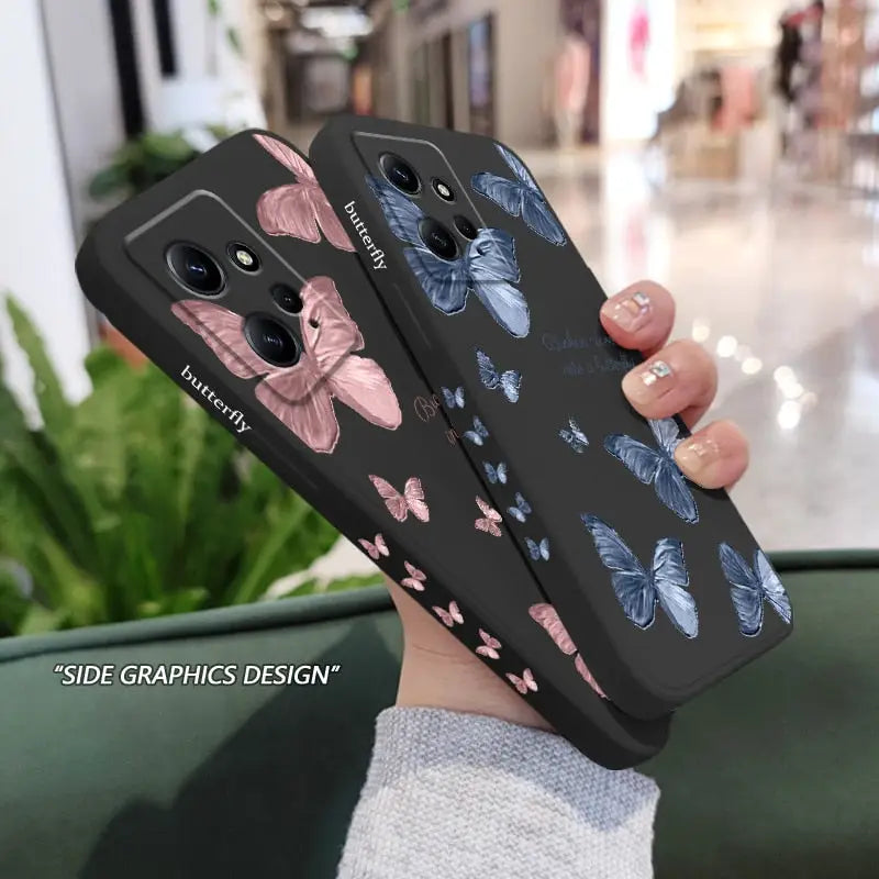 a woman holding a phone case with a floral pattern