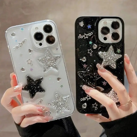a woman holding a phone case with stars and glitter