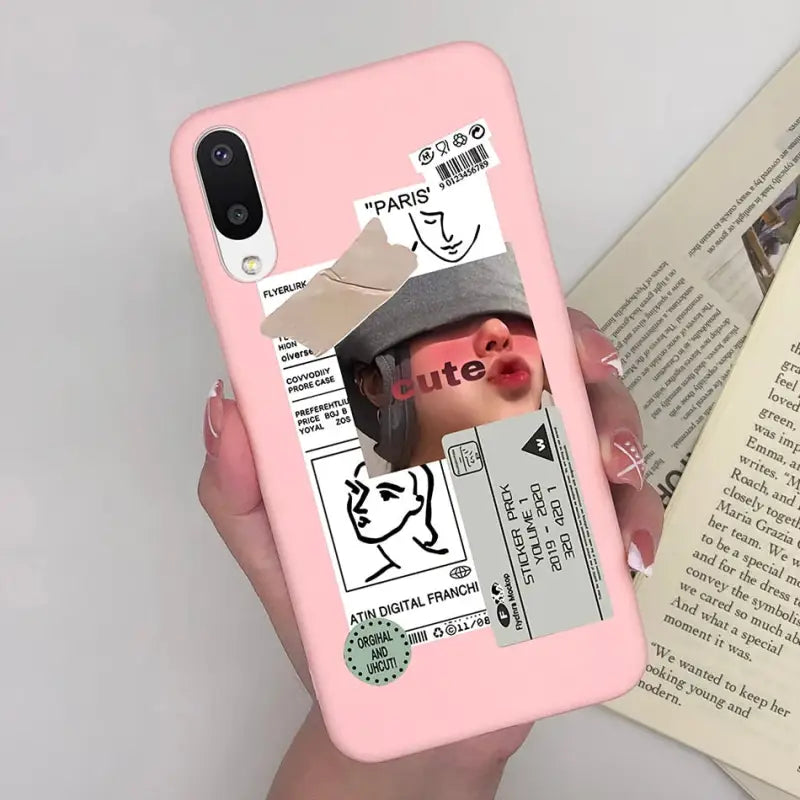 a woman holding a pink phone case with a picture of her face