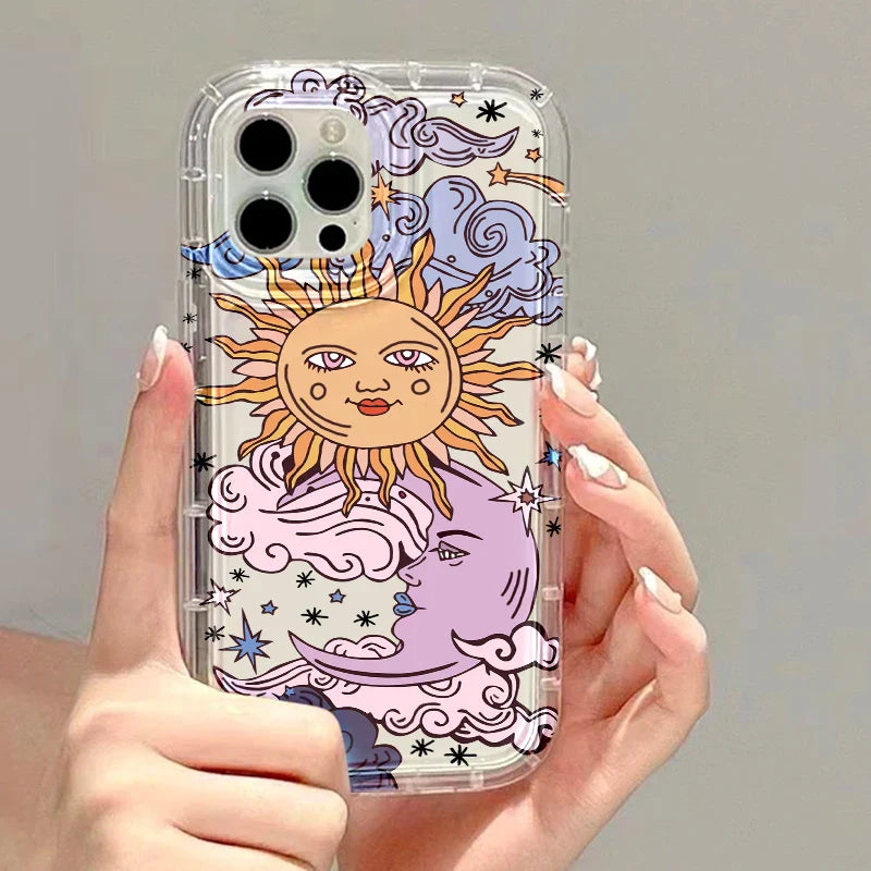 a woman holding a phone case with a cartoon sun and stars