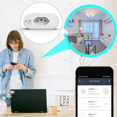 A woman is using her phone to control the temperature of her room