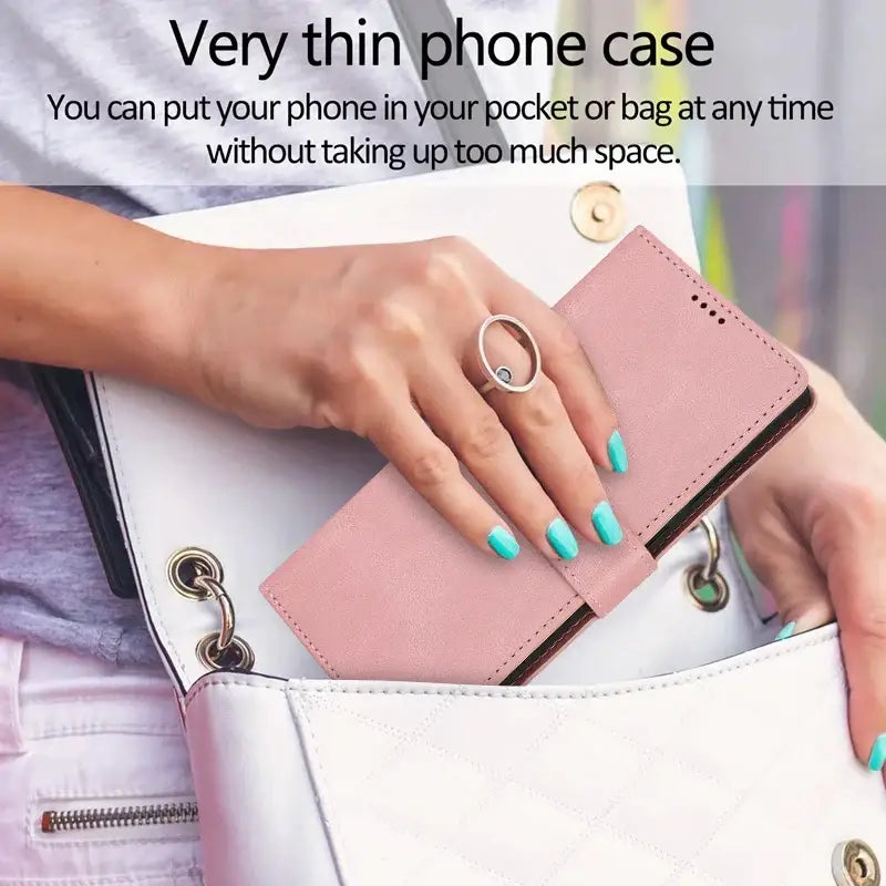 A woman holding a pink and white purse