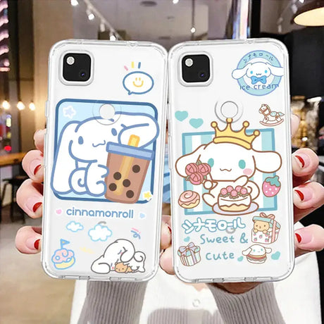 a woman holding two iphone cases with cartoon characters