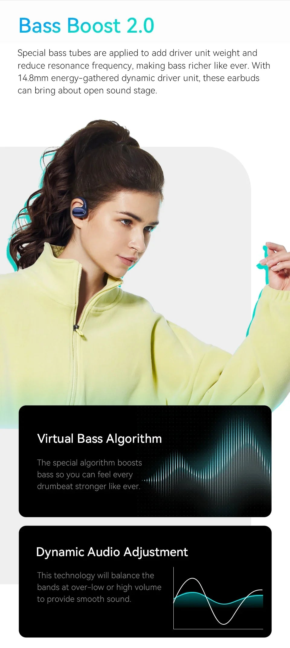 Woman wearing a yellow top examining a small earbud or wireless headphone.