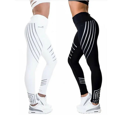 two women wearing leggings with white and black stripes