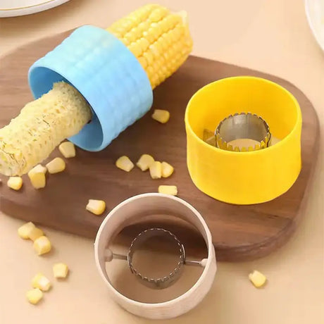 a wooden cutting board with corn kernels and a cup of coffee