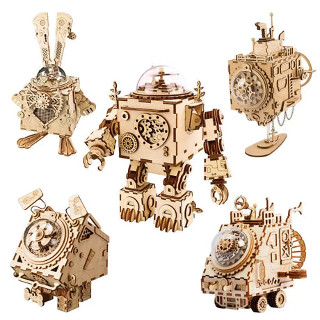 several wooden mechanical toys are shown in a variety of poses