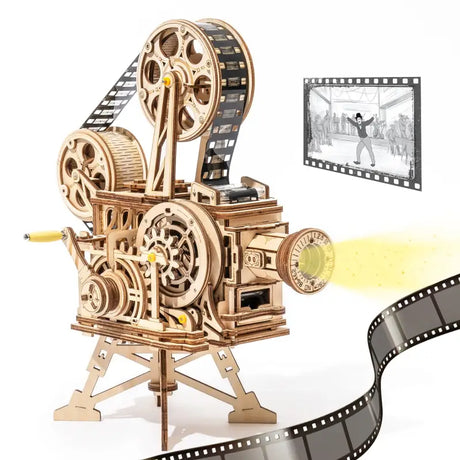 a wooden movie camera with a film strip