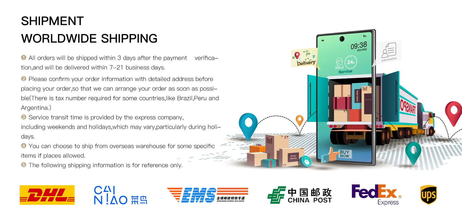 Worldwide shipping advertisement.