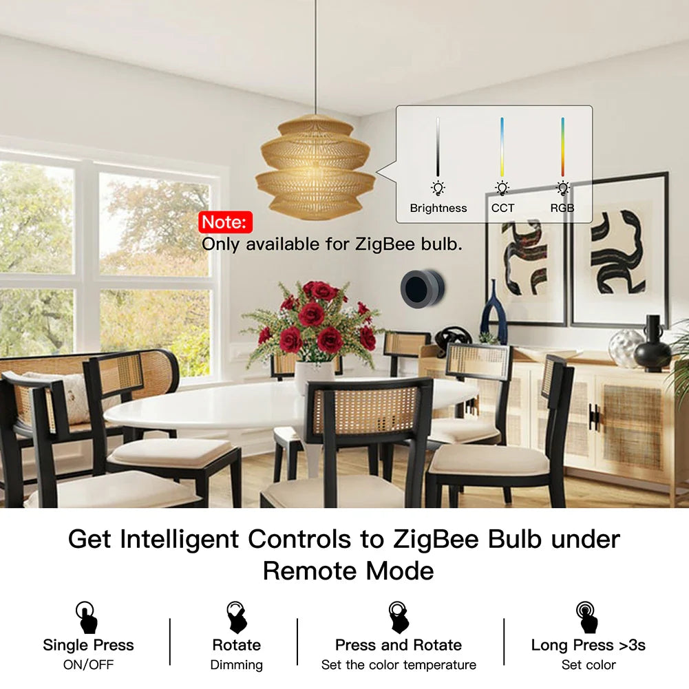 Woven pendant light with smart bulb controls.