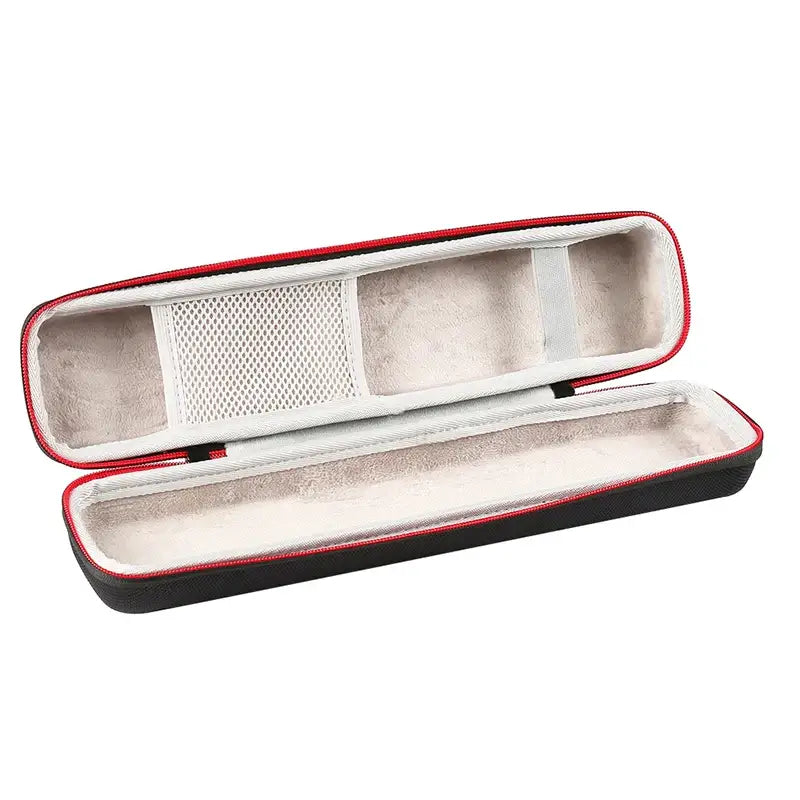 a black and red leather case with a white interior