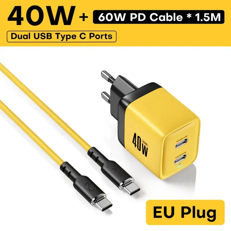 A yellow and black usb charger with a cable connected to it