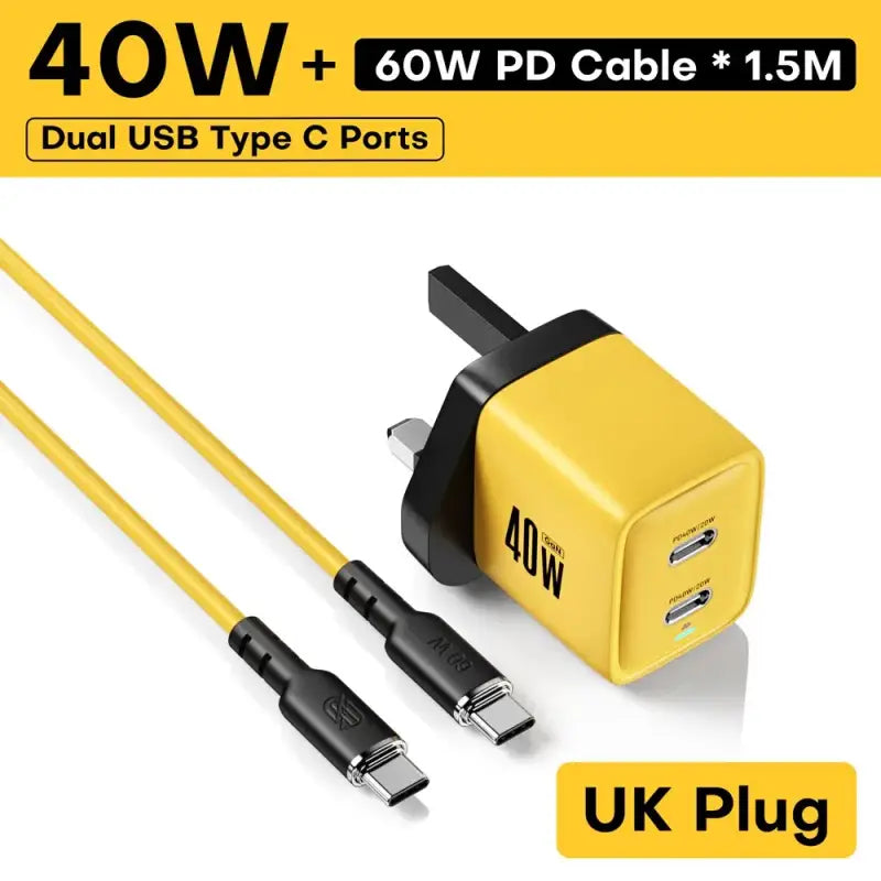 A yellow and black usb charger with a cable connected to it