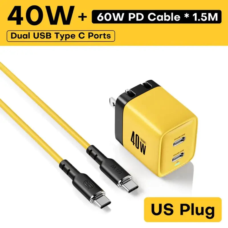 A yellow and black usb charger and cable connected to a usb cable