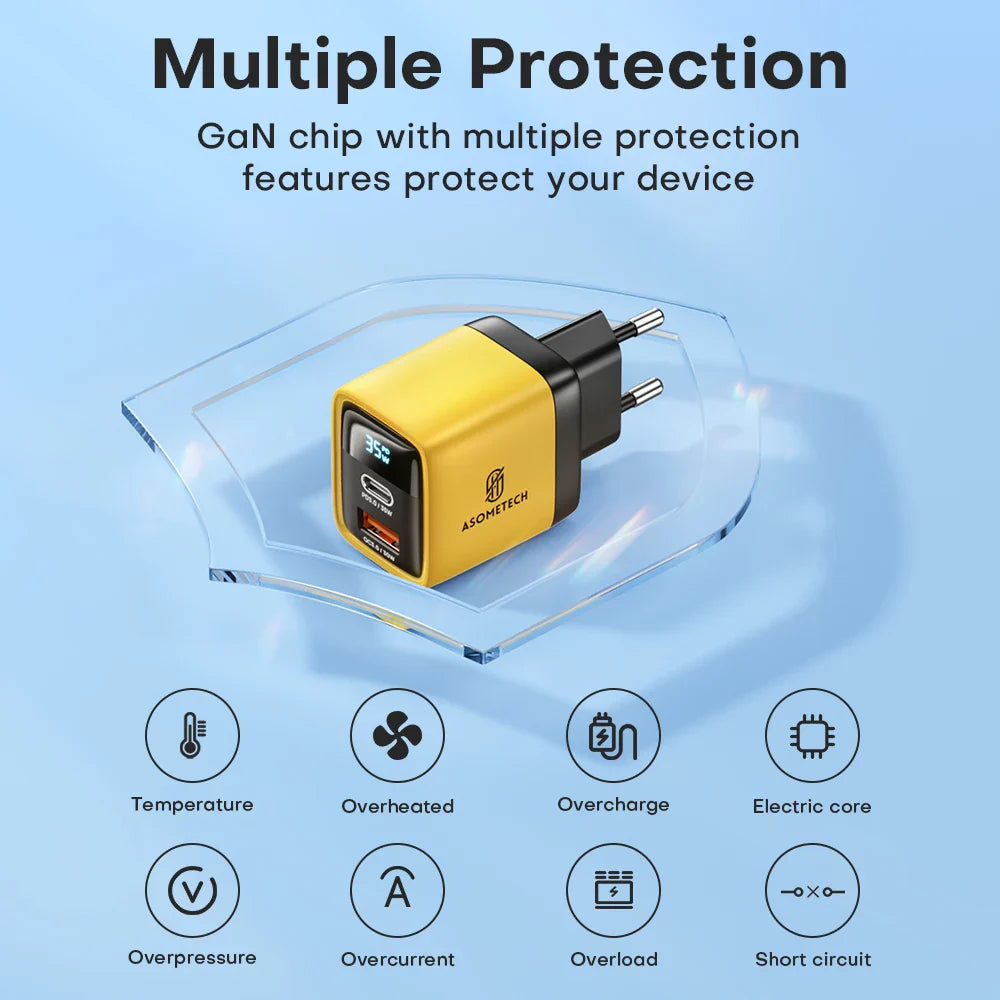 Yellow and black USB wall charger with multiple ports and a digital display.