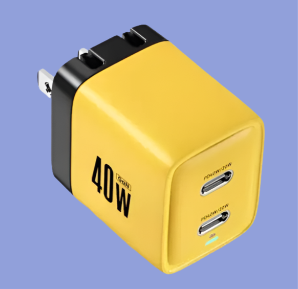 Yellow and black USB wall charger with two ports labeled 40W.
