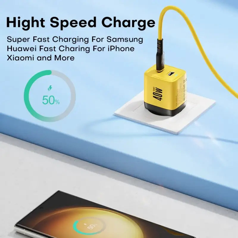 A yellow charger with a yellow cable attached to it