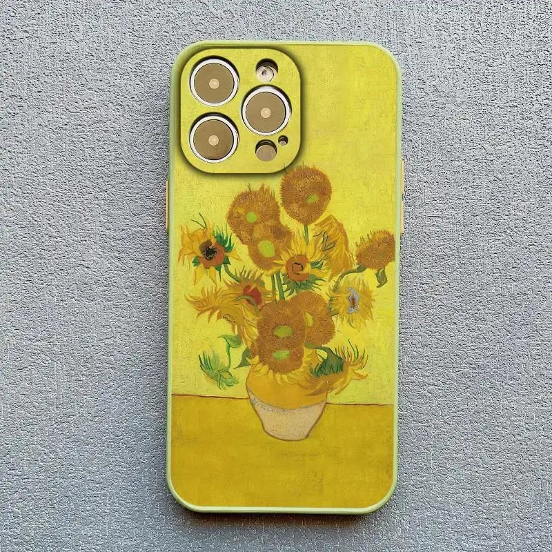 A yellow phone case with a painting of sunflowers