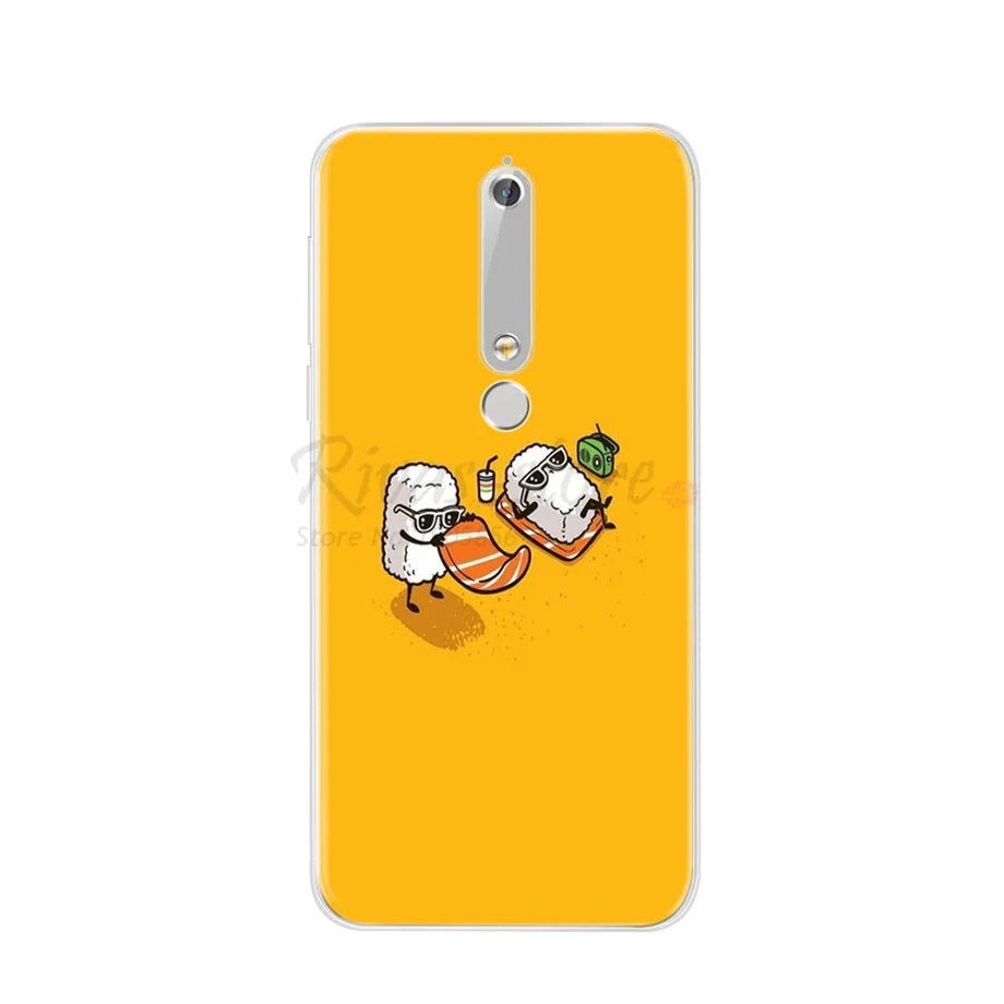 Yellow phone case with sushi design.