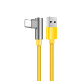 a yellow usb cable with a metal connector and a metal plug