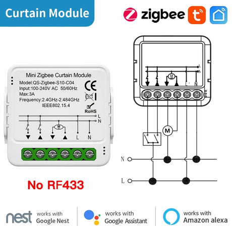 Zigbee curtain module with wiring diagram.