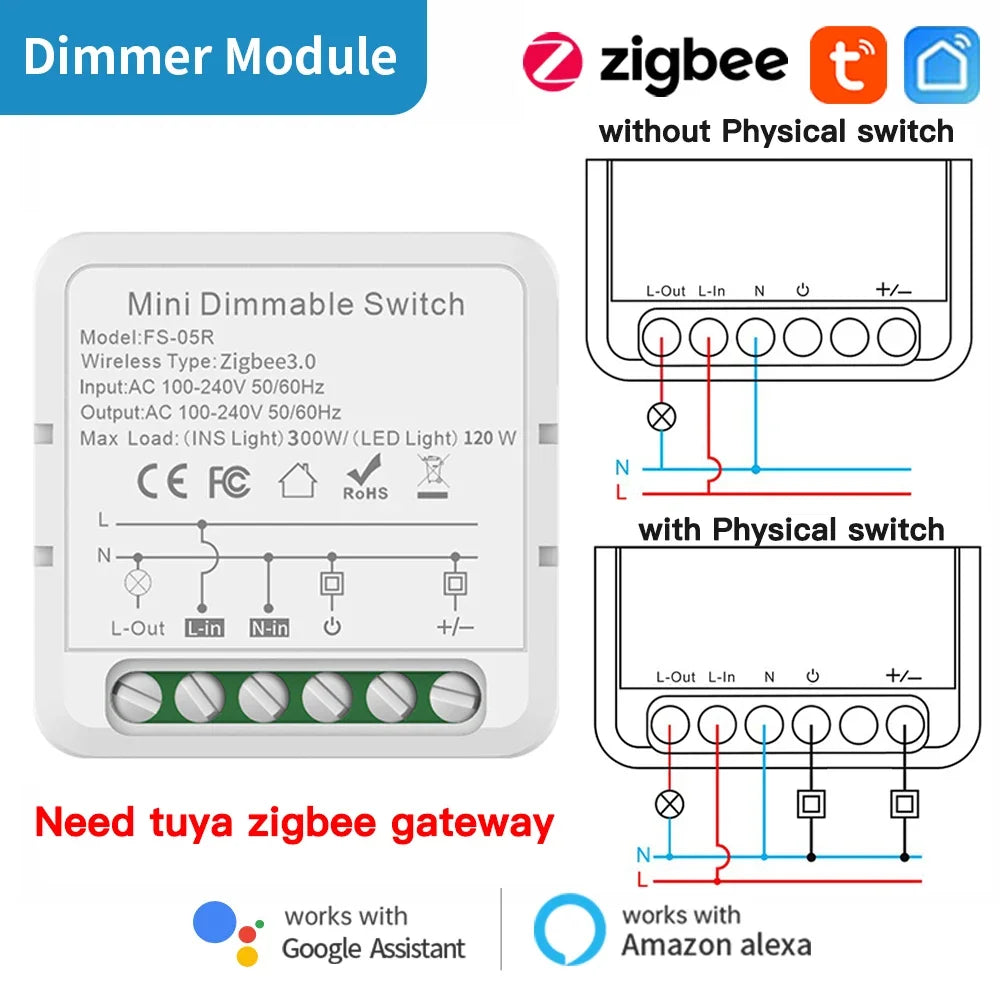 Zigbee dimmer module with wiring diagrams.