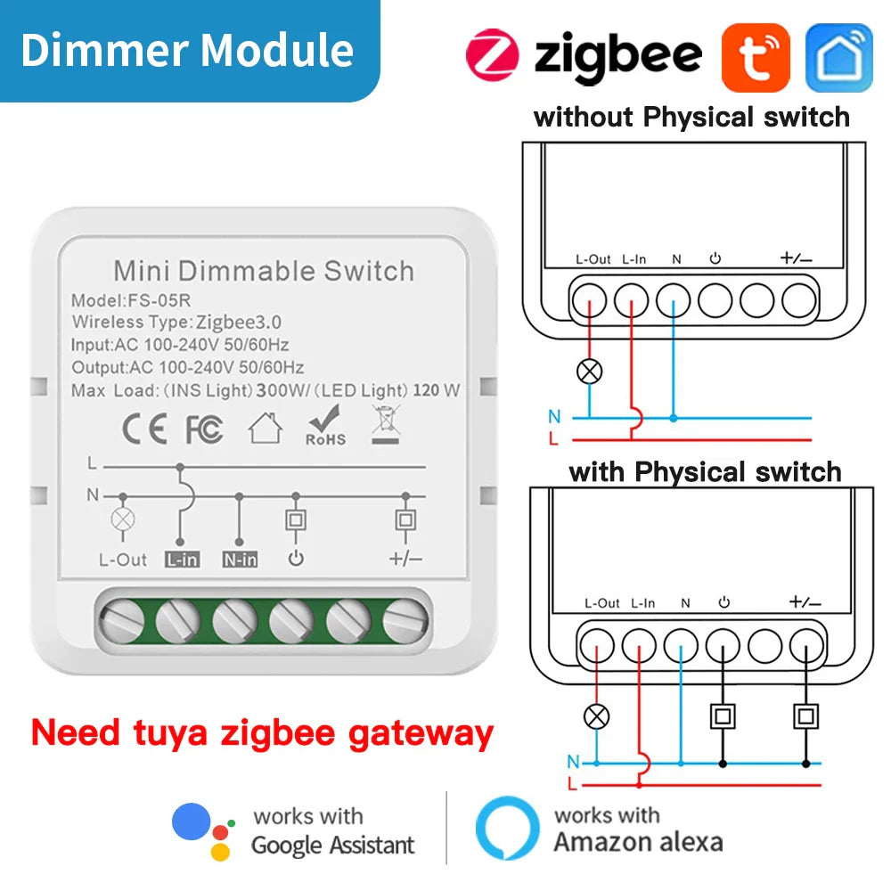 Zigbee dimmer module with wiring diagrams.