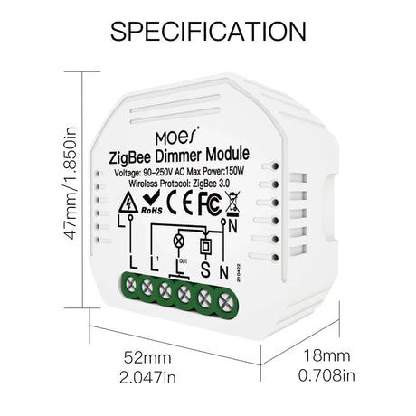 ZigBee dimmer module with specifications.