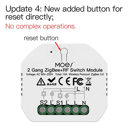 ZigBee+RF switch module with reset button.
