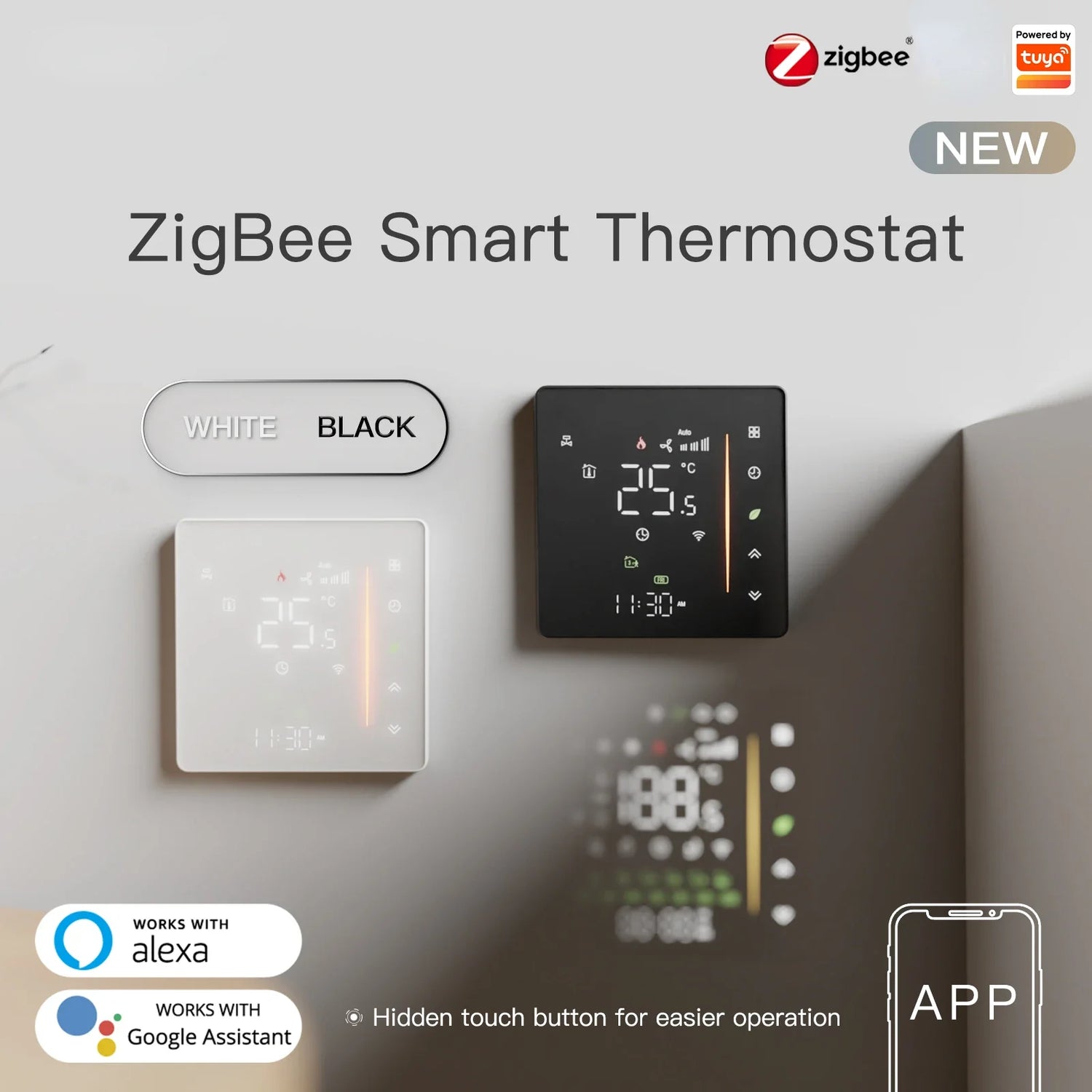 ZigBee smart thermostat in black and white.