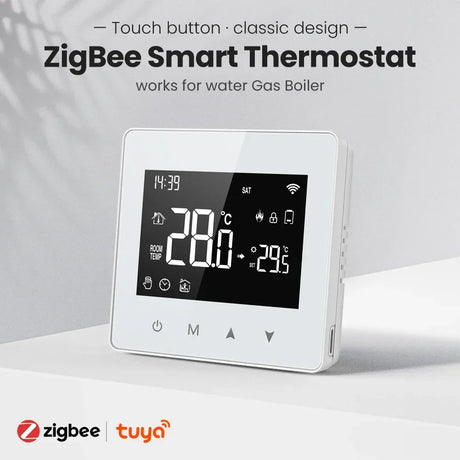 ZigBee smart thermostat with digital display.