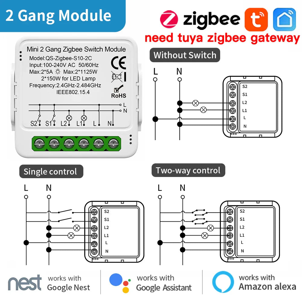 Zigbee switch module with wiring diagrams.