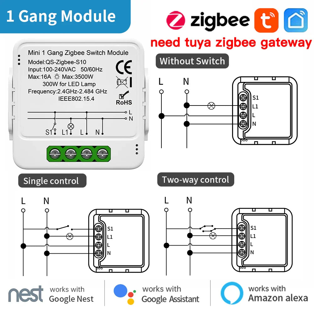 Zigbee switch module with wiring diagrams.