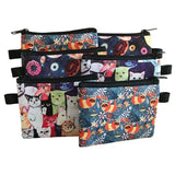 three zipper pouchs with cats and flowers