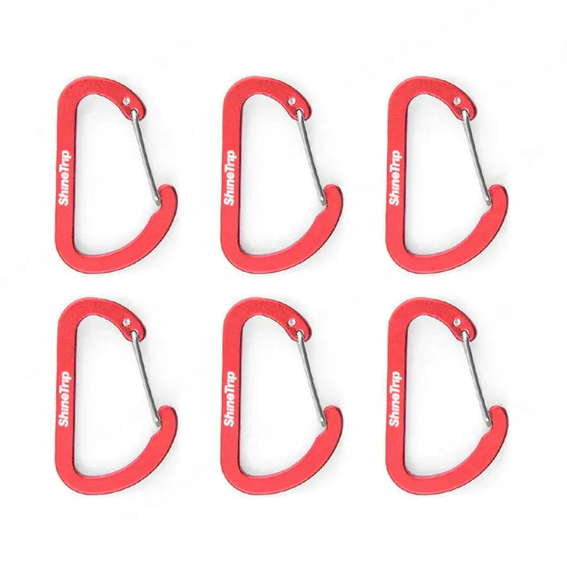 six red plastic caras with a metal hook