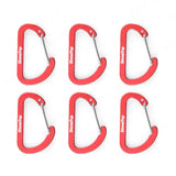six red plastic caras with a metal hook