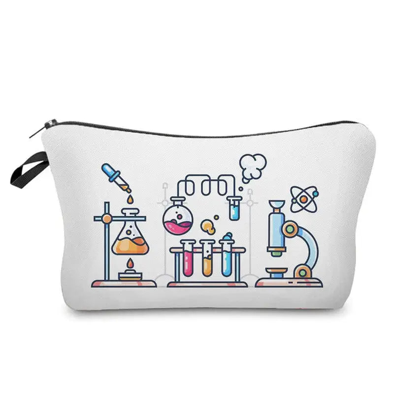 a white cosmetic bag with a cartoon design