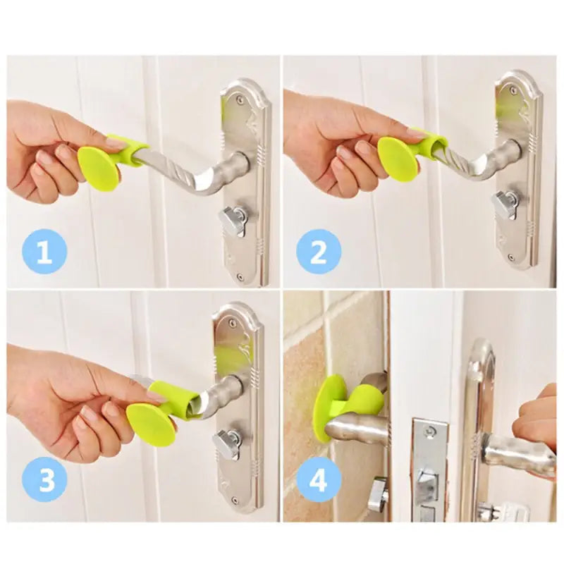 a col of four images showing how to open a door