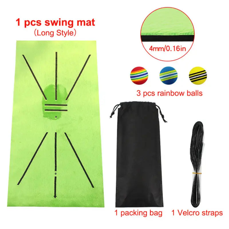 a green exercise mat with a black bag and a white ball