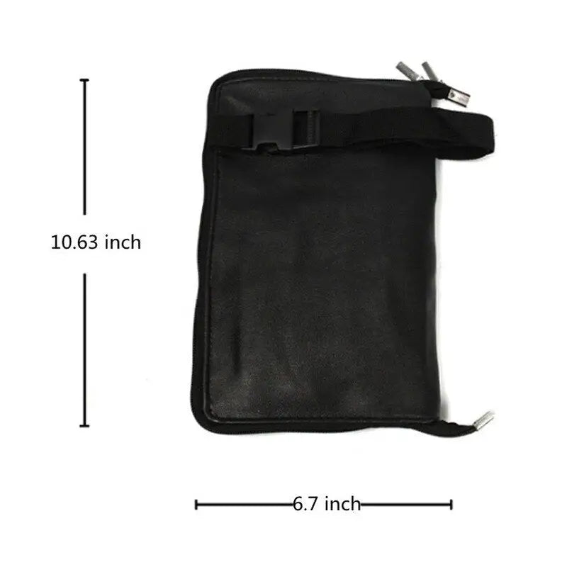 the black leather pouch with a zipper closure